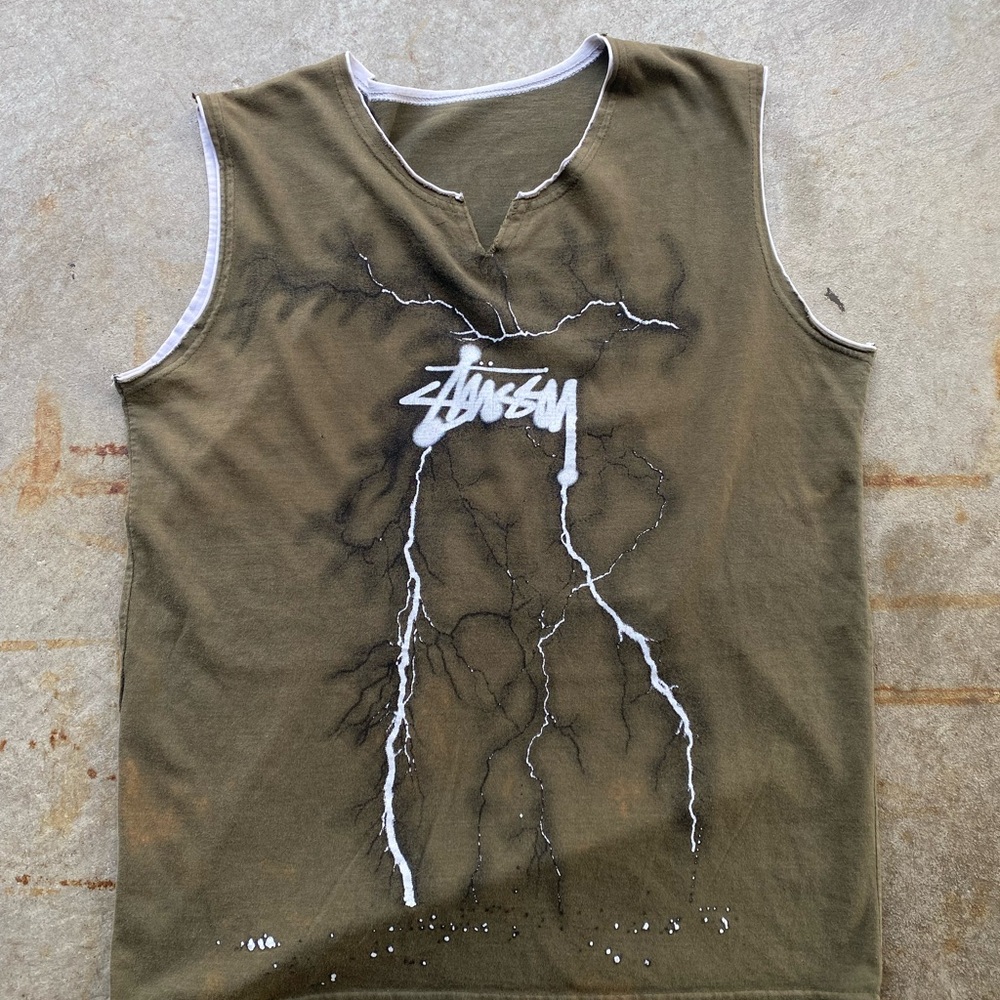 Stussy Olive Green Lightning Vintage Graphic Tank Top RARE